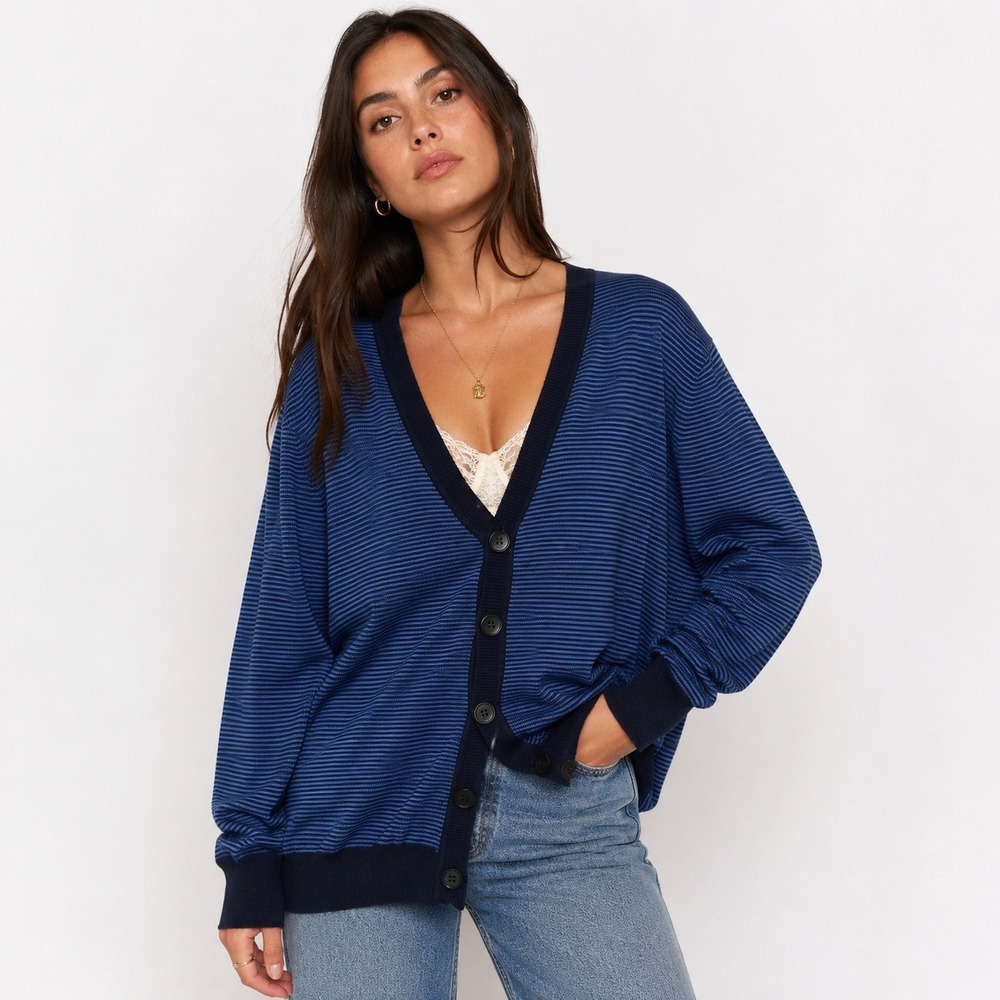 Spring Mercer Blue Striped Cotton V-Neck Cardigan Sweater Medium